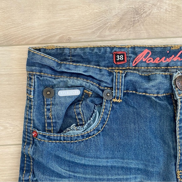 Y2K Distressed Parish Jeanswear Denim Mens Size 38x33 Embroidered Pants 00s - Picture 6 of 6